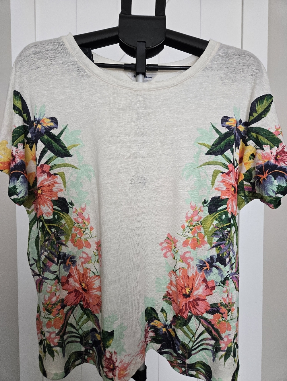 Tommy Bahama Women's Floral Linen Tee - White with Coral & Green Print